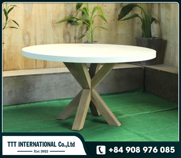 Round white GRC concrete coffee table with Acacia wooden garden furniture